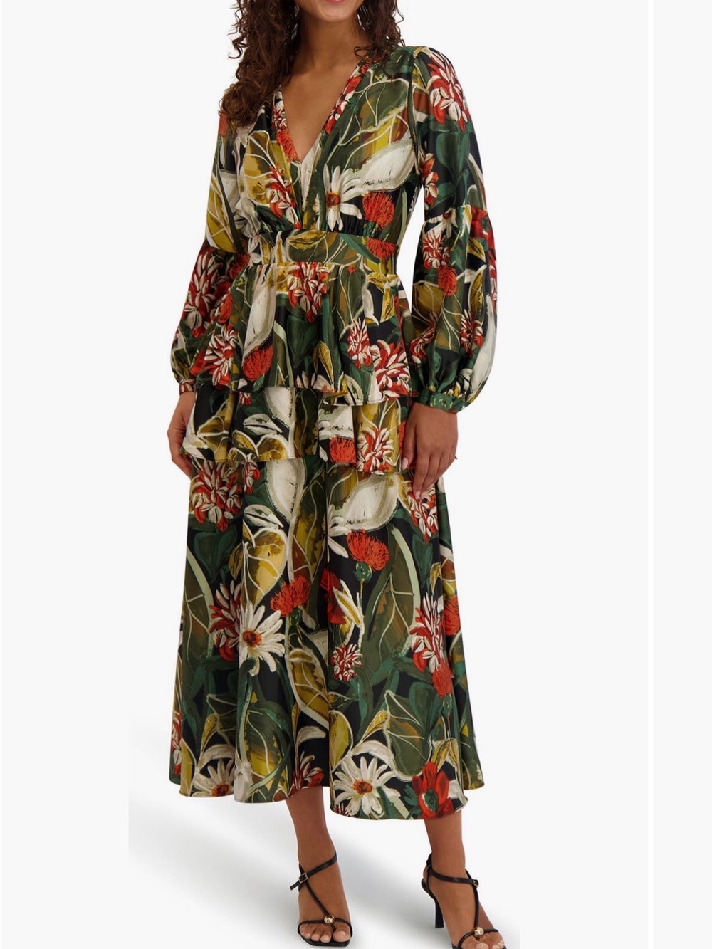 Siena Botanical V-Neck Tiered Midi Dress in Green and Red
